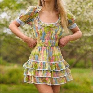 LoveShackFancy Pastel Fields Safiya Scoop Neck Mini Puff Sleeve Dress S